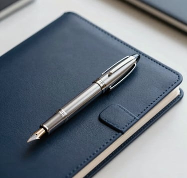 A close-up, high-angle photograph of a professional silver fountain pen resting on a dark navy blue leather planner. The setting is a minimalist office in a Southeast Asian / Indonesian corporate district. Soft, elegant lighting highlights the metallic texture. Colors: dark navy blue and off-white.