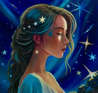 Oil painting portrait of a celestial woman with long hair intertwined with glowing yellow stars agai