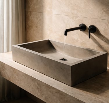 Cuba de concreto minimalista sobre bancada em pedra travertino com torneira preta