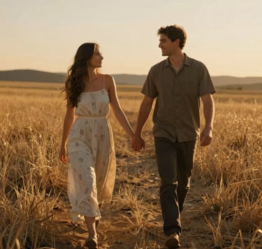 An authentic, sun-drenched portrait of a couple holding hands while walking through a North American / US golden-hour field. The lighting is cinematic and warm, featuring soft sand hues and deep charcoal shadows for a storytelling feel.