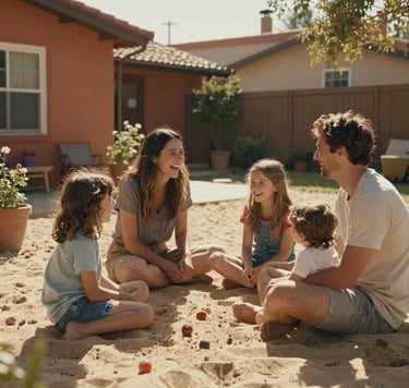 A candid, cinematic photo of a family laughing together in a sun-drenched North American / US backyard. The scene is filled with soft sand light and warm terracotta tones in the outdoor decor, captured in a warm and authentic style.