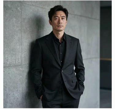 A cinematic medium shot of an actor posed against a minimalist concrete wall with soft, diffused side lighting. The scene uses a palette of #333333 and #A8A8A8 to create a sophisticated, modern aesthetic. The atmosphere is professional and evokes a still from an international festival film.