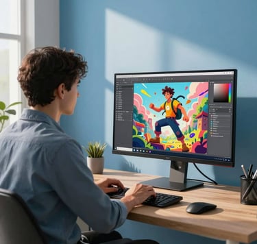 A professional in a North American / US home office seen from the side, focusing intently on a large computer monitor displaying a vibrant character illustration. The room is modern and minimalist with Steel Blue and Bright Sky Blue accents, lit by soft afternoon sun.