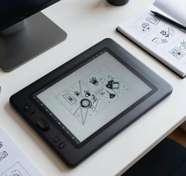 A top-down, high-angle professional shot of a digital illustrator's workspace in a North American / US design studio. A high-end digital tablet with a stylus rests on a clean desk next to a notebook with storyboard sketches. The lighting is crisp and natural, featuring tones of Steel Blue and Pale Mist White.