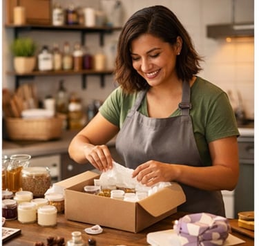 A woman small business owner packing up products to sell.