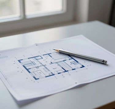 A professional high-angle macro photograph of a technical architectural blueprint on a clean light gray desk. A minimalist silver mechanical pencil lies beside the drawing. Soft, natural daylight from a Northern European studio window illuminates the scene. The palette includes deep navy and light blue tones.
