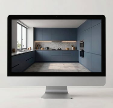 A high-resolution photograph of a sleek computer monitor displaying a sophisticated 3D interior visualization of a modern, minimalist kitchen. The scene is set in a bright Baltic design studio with soft focus on a clean off-white background. The atmosphere is professional and precise, with muted blue and gray color accents.
