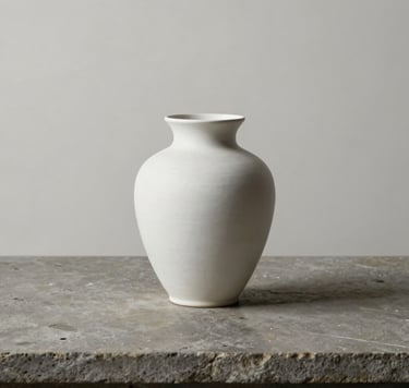 A minimalist, still-life photograph of a single white ceramic vessel placed on a medium gray stone surface. Soft, directional light from the side creates deep black shadows. The composition is centered with generous off-white whitespace, reflecting an art gallery aesthetic. North American / European style.