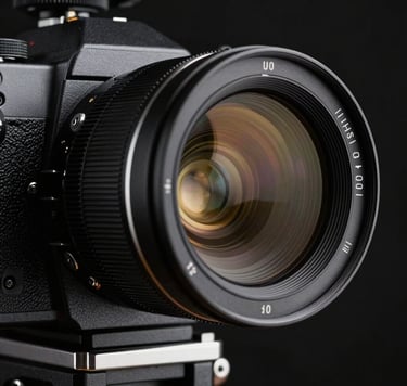 A cinematic close-up of a high-end cinema camera lens reflecting subtle antique gold highlights. The camera body is a textured charcoal grey, set against an obsidian black studio backdrop in a professional North American / US production house. The lighting is moody and sharp, highlighting the intricate engineering of the glass.