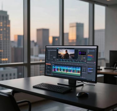 A sleek, minimalist editing suite in a luxury North American / US high-rise. An obsidian black desk holds a professional workstation. In the background, floor-to-ceiling windows reveal a blurred urban skyline at twilight with soft antique gold city lights, creating an atmosphere of exclusive technical mastery.