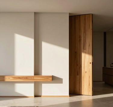 Fotografia arquitetônica minimalista de um interior residencial brasileiro de alto padrão com paredes em branco cremoso e detalhes em madeira clara, luz solar quente de final de tarde, linhas limpas e iluminação profissional de estúdio.