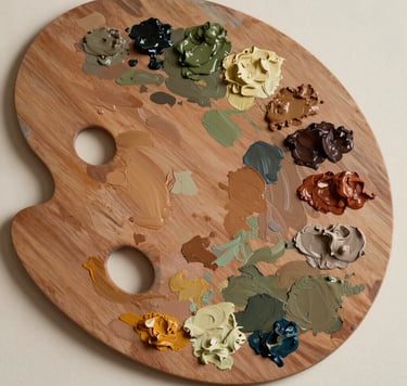 A close-up photograph of an artist's wooden palette with thick strokes of oil paint in Charcoal Olive, Muted Earth Brown, and Warm Sandy Taupe. The texture is rich and organic, captured in soft, natural morning light on a Soft Creamy Off-White background.