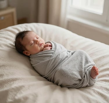 Minimalist professional newborn photography, a sleeping baby wrapped in a light grey muslin cloth on a cream textured surface, soft side lighting from a window, peaceful and warm atmosphere, Middle Eastern / Turkish home setting.