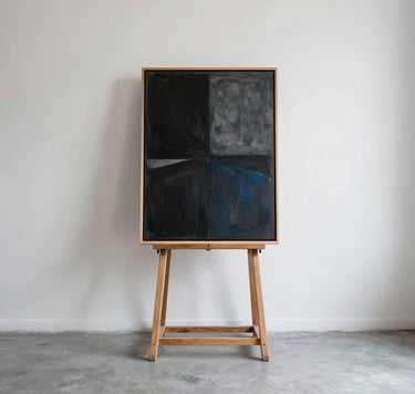 Una fotografía de estilo editorial de un estudio de artista contemporáneo en Latinoamérica. Un espacio de techos altos con paredes blancas inmaculadas y suelo de hormigón gris claro. Un caballete de madera minimalista sostiene una obra abstracta en tonos negro carbón y gris azulado bajo una luz natural suave.