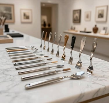 Primer plano artístico de pinceles profesionales y espátulas de metal alineadas con precisión sobre una superficie de mármol blanco. La iluminación es difusa y sofisticada, resaltando las texturas metálicas y la limpieza del equipo. Ambiente de galería moderna en una metrópolis latinoamericana.