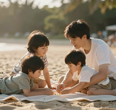 A heartfelt, candid moment of a young family playing on a soft sand colored blanket outdoors. The scene is bathed in sun-drenched, late-afternoon light, creating a warm and inviting atmosphere. Cinematic depth of field with soft, out-of-focus foliage in the background.