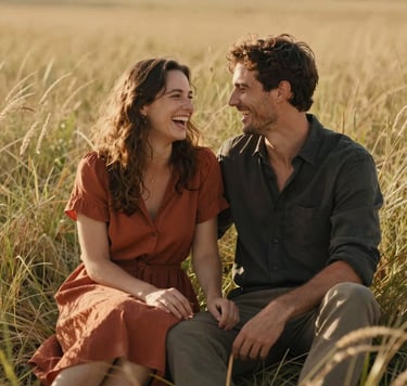 A cinematic lifestyle photograph of an authentic couple laughing together in a sun-drenched meadow. The lighting is warm and golden, highlighting soft sand tones in the tall grass. The couple wears clothing in warm terracotta and deep charcoal. The composition is candid and emotional.