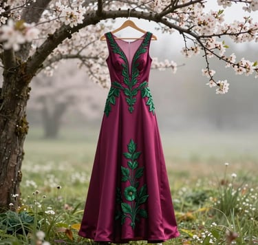 An enchanting high-fashion photograph of a bespoke deep magenta silk gown adorned with forest green embroidery, hanging from the branch of a flowering tree in a sun-drenched, misty meadow. Western / Global style.