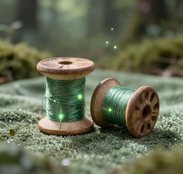 A whimsical macro photograph of antique wooden spools with glowing, ethereal forest green thread. The spools rest on a bed of soft sage green velvet in a forest setting with magical light particles floating in the air. Western / Global.