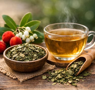 Arbutus Unedo {Irish Strawberry Tree tea) fruits and flowers tea on wooden table