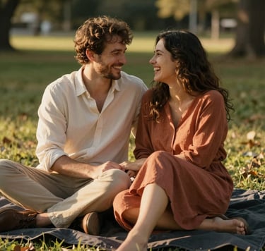 A candid photography shot of a couple sitting on a charcoal blanket in a park, laughing naturally. The scene is bathed in warm, sun-drenched golden light. They are wearing light cream and soft terracotta tones. The composition is intimate and cinematic.