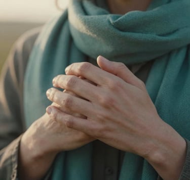 A close-up detail shot of two hands gently holding each other, with a soft teal green scarf visible in the frame. The lighting is warm and hazy, suggesting a late afternoon sun. Authentic and emotional atmosphere.