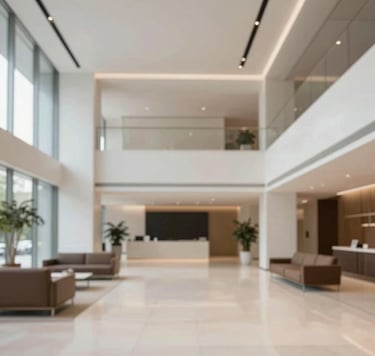 An interior architectural photograph of a sleek, contemporary lobby. The space is characterized by high ceilings, #FBF9F6 polished surfaces, and minimalist furniture in #6B6760. The composition is clean and precise, reflecting a deep understanding of architectural design and modern sophistication.