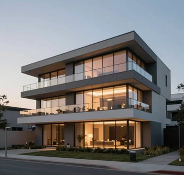 A wide-angle, professional architectural shot of a minimalist luxury residence at dusk. The building features sharp horizontal lines, floor-to-ceiling glass, and structural elements in #2F2E2E and #D9D2C7. The lighting is warm and inviting, emphasizing sophisticated professionalism and modern elegance.