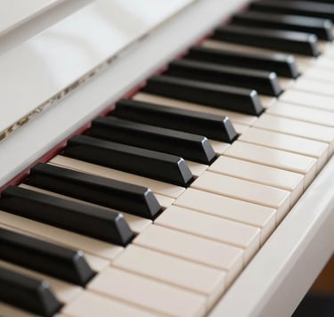 A close-up shot of piano keys with elegant cream finishes, bathed in soft morning light in a North American home. The composition is clean and minimalist, highlighting a sense of discipline and creative practice.