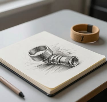 A still life photograph of an open academic sketchbook featuring detailed graphite drawings, placed on a light gray desk. A pair of muted tan tennis wristbands lies neatly beside it in a bright North American room.