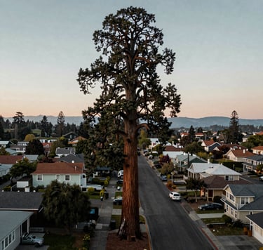 An immersive aerial shot of a towering giant sequoia standing tall above a residential street in Eugene, Oregon. The composition shows the scale of the tree relative to North American houses below. Serene twilight lighting with soft slate gray and mint tones.