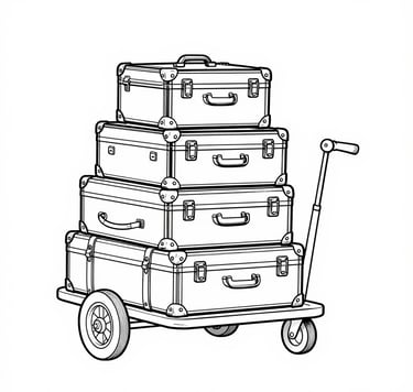 Line art illustration of stacked vintage suitcases on a wheeled travel luggage cart.