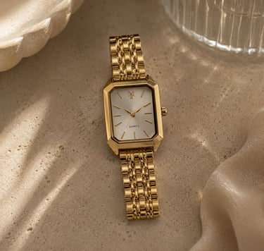 Rectangular gold wrist watch.