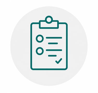 Teal clipboard icon with a checklist and checkmark, representing a completed task list or survey.