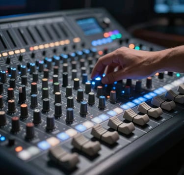 A close-up shot of a professional studio mixing console with subtle glowing light blue and light grey LEDs. The environment is dark and sophisticated, reflecting a premium cinematic production house. International / Global atmosphere.