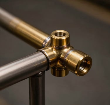 A detailed close-up of a precision-welded brass joint on a minimalist handrail. The lighting is focused and warm, highlighting the brushed metallic texture. The aesthetic is industrial elegance with a palette of muted bronze and dark charcoal.