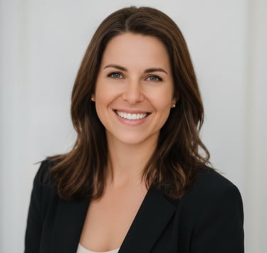A close-up professional headshot of a smiling woman with dark hair wearing a black business suit.