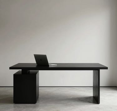 A high-end, minimalist North American design studio interior with a single matte black desk and a high-performance silver laptop. The lighting is soft and directional, creating a sophisticated and professional atmosphere with a palette of rich black and off-white.
