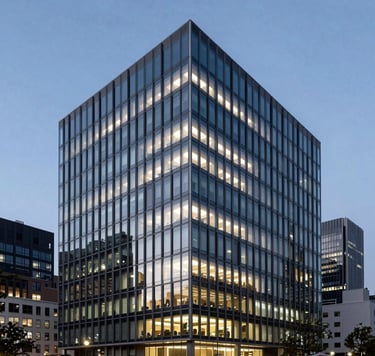 A crisp, architectural shot of a modern glass and steel building in a major US city at dusk. The minimalist structure is illuminated from within, showcasing a cutting-edge aesthetic with tones of midnight blue and slate gray.