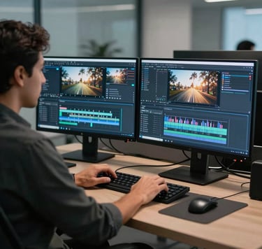 A creative professional working at a dual-monitor editing suite in a modern Latin American / Hispanic office. The screens show vibrant video editing timelines. The lighting is sophisticated, using soft blue-grey tones and dark slate accents.
