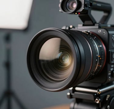 A close-up photograph of a professional cinema camera lens reflecting soft off-white studio lights. The setting is a modern Latin American / Hispanic production studio with dark slate and soft blue-grey shadows in the background, conveying a high-end audiovisual production mood.