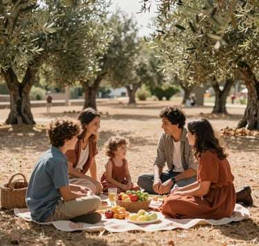 Spontaneous shot of a family enjoying a picnic in a sunny park with olive trees, European / Portuguese setting. The composition is candid and warm, capturing genuine emotion and interaction. Soft, cinematic lighting with earthy terracotta and sand tones reflecting a welcoming atmosphere.
