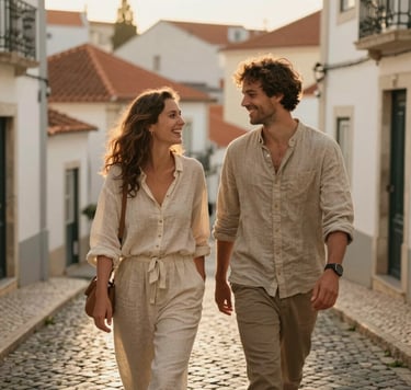 Cinematic lifestyle photography of a young couple laughing while walking through a sun-drenched, narrow cobblestone street in old-town Lisbon, Portugal. Authentic interaction, warm golden hour lighting, dressed in casual sand-colored linens. Soft focus on the background with terracotta tiled roofs.