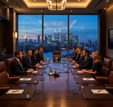 An elegant corporate boardroom overlooking a city skyline at dusk, warm gold lights reflecting on a dark mahogany table, professional atmosphere.