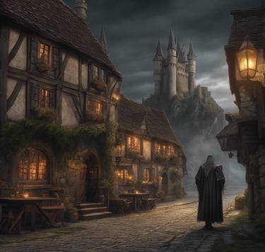 castle looming in the bacground of a small village