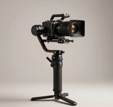 Photography of a sleek, black professional video camera stabilizer held by a professional in a minimalist Brazilian studio. The lighting is low-key with sharp off-white highlights, focusing on the precision and quality of the equipment.