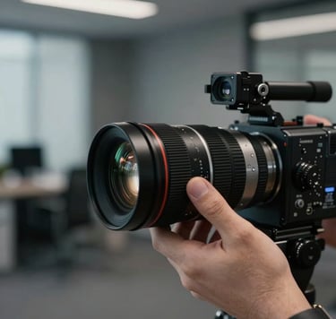 A close-up shot of a hand adjusting a focus ring on a cinema lens. The background is a blurred, modern South American / Brazilian office space. Professional lighting creates a moody atmosphere with deep grey and black shades.