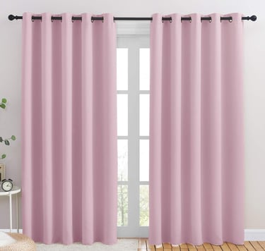 a pink curtain with a white curtain and a window
