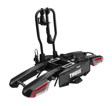 Thule towbar mounted bike rack with quick-release design for two bicycles.