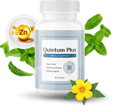 Quietum Plus dietary supplement bottle for ear health with zinc, vitamins, and mint leaves.